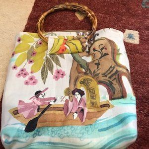 Handmade oriental print cloth handbag with rattan strap